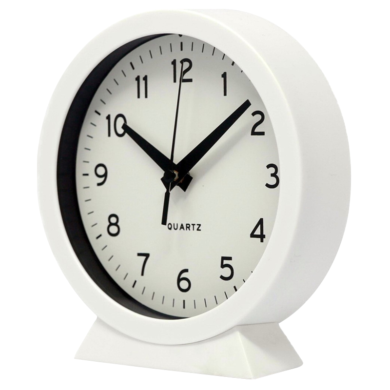 Reloj de mesa blanco y plateado con alarma